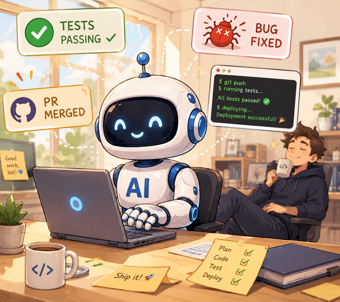 An AI coding agent autonomously writing code, running tests, and merging pull requests