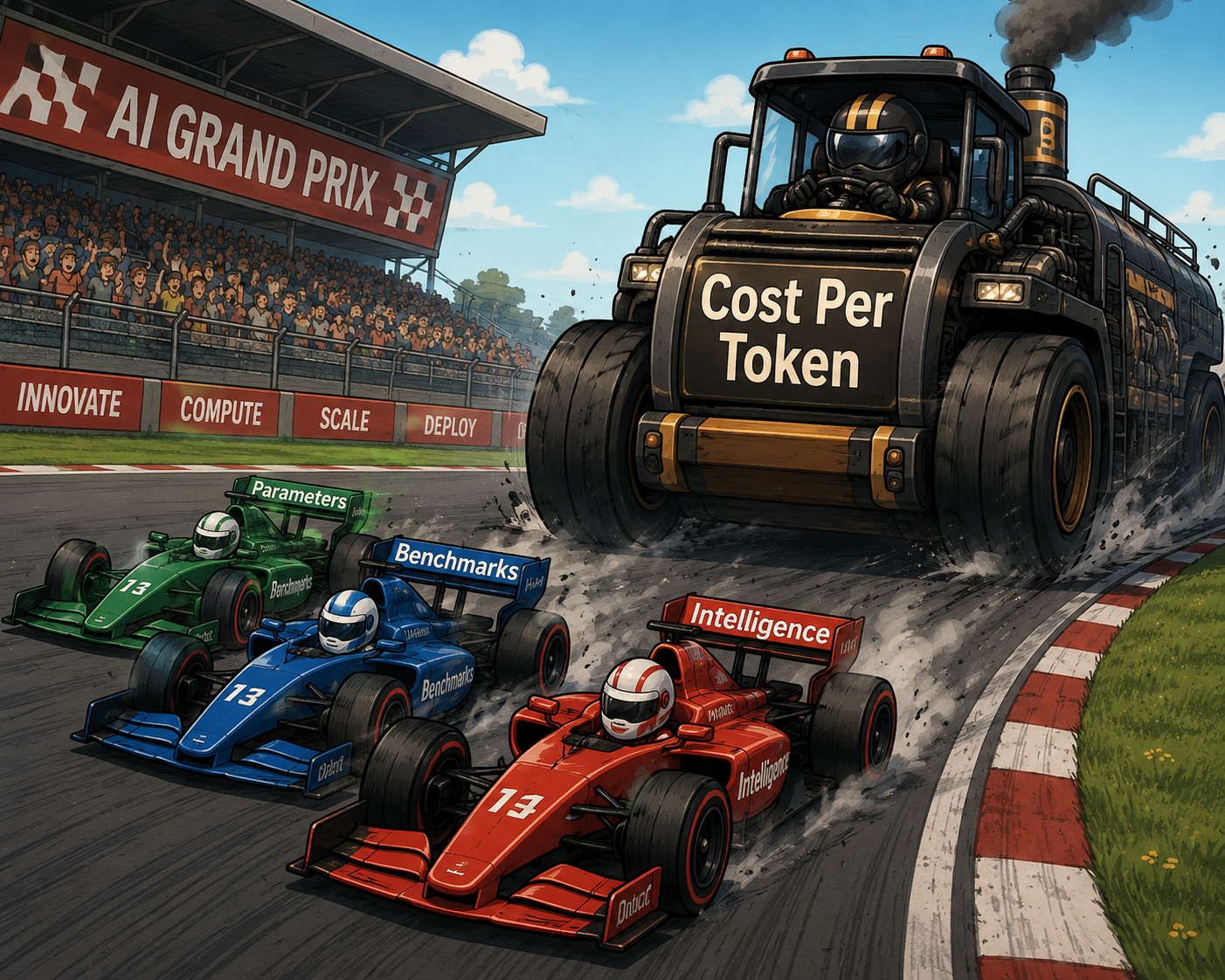 Formula 1 cars labeled Intelligence, Benchmarks, and Parameters racing on a track, while a much larger vehicle labeled Cost Per Token quietly overtakes them all